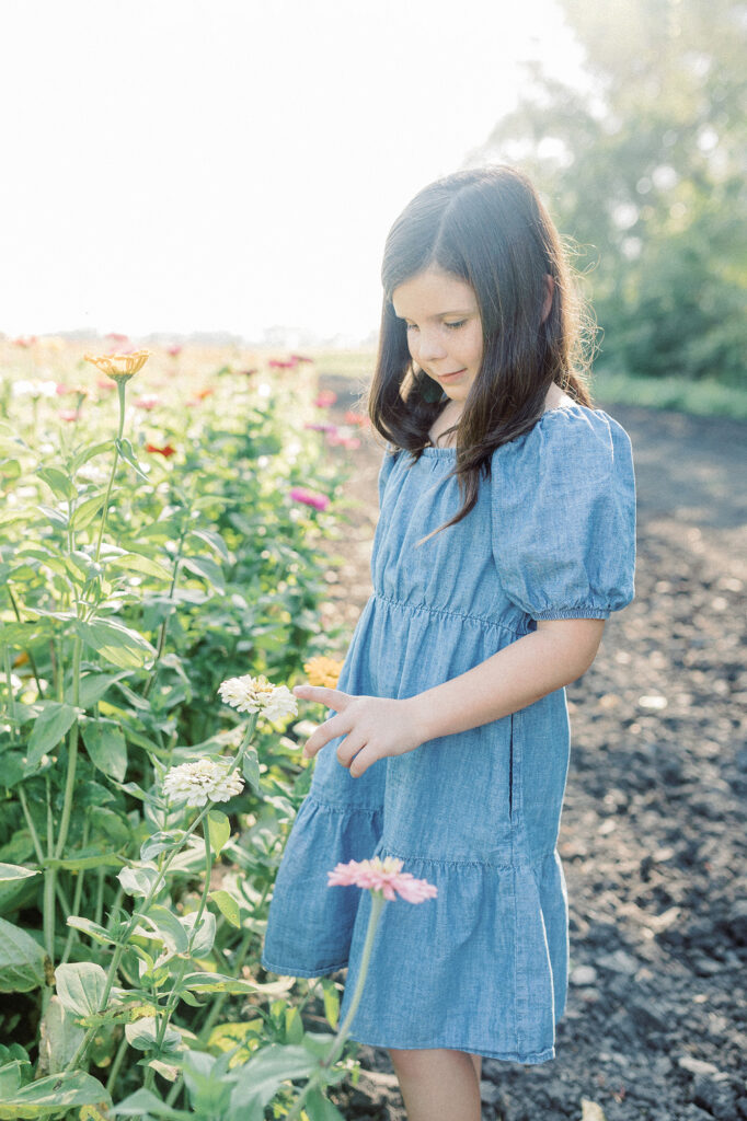 A girl looking at flowers in a field during her family photo session at Blyss Flower Farm 