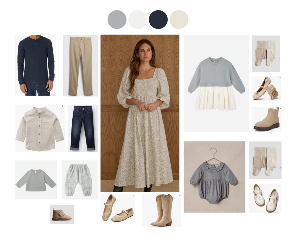 A style board with inspiration photos of blue outfits for fall family pictures in North Dakota. 