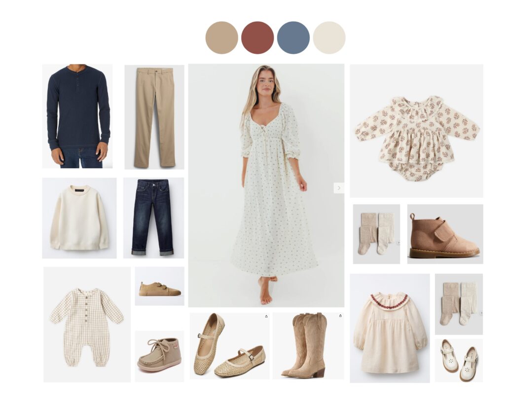A collage of outfits ideas for fall family pictures in Grand Forks with Chelsea Nichole Photography. 
