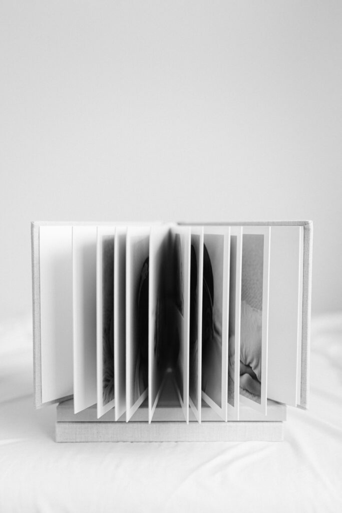 A black and white image of an album standing up with the pages fanned out .